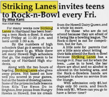 Striking Lanes - Jan 1993 Rock-N-Bowl For Kids